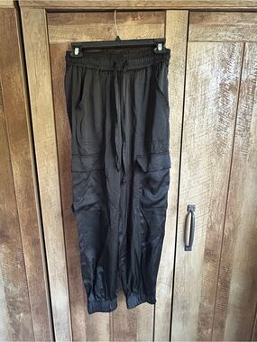 Black silk  Cargo Jogger Pants - Drawstring Waist